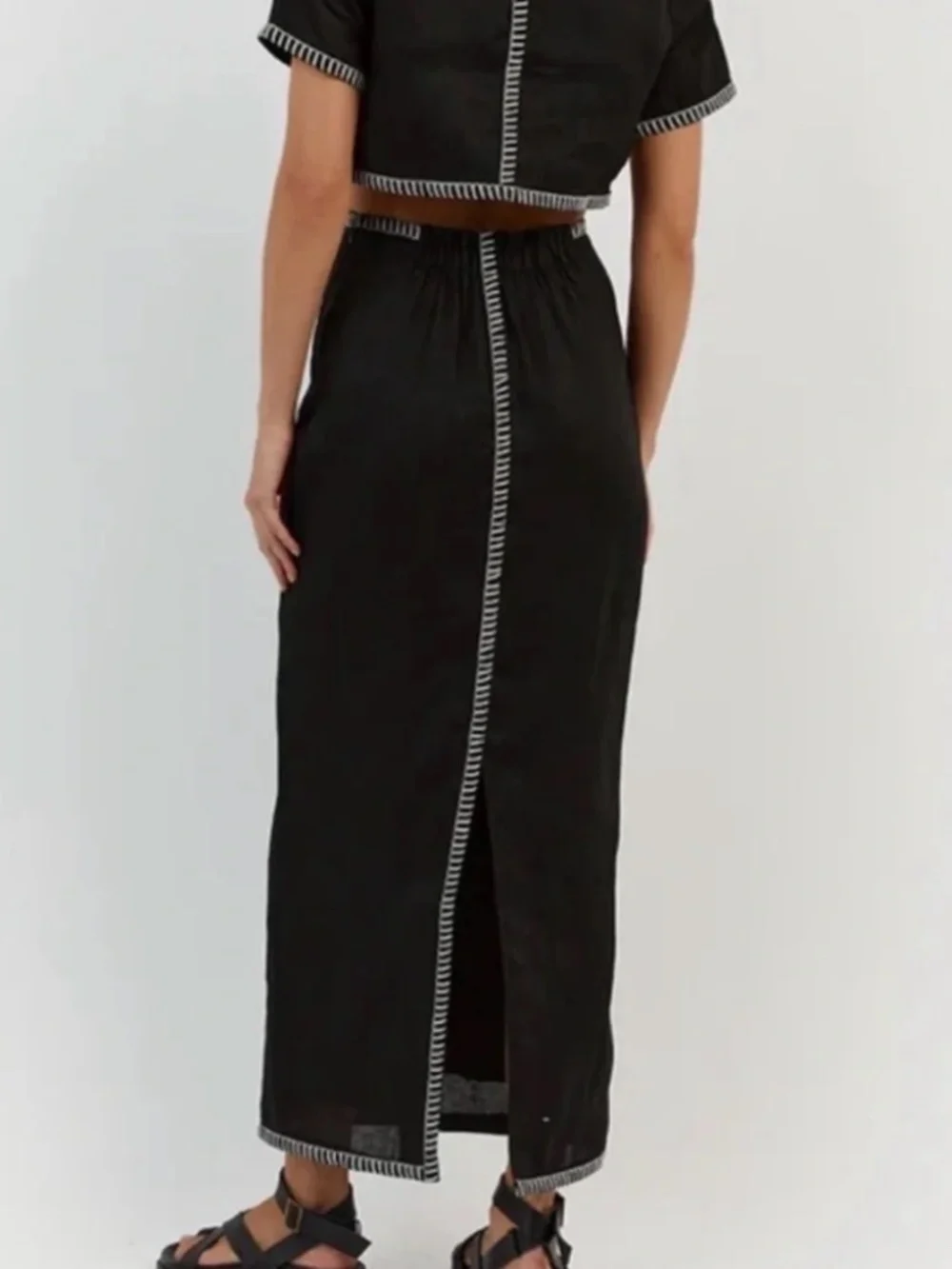 NWT Magaschoni Black 100% Linen 2-Piece Set Crop Top L & Maxi Skirt 10